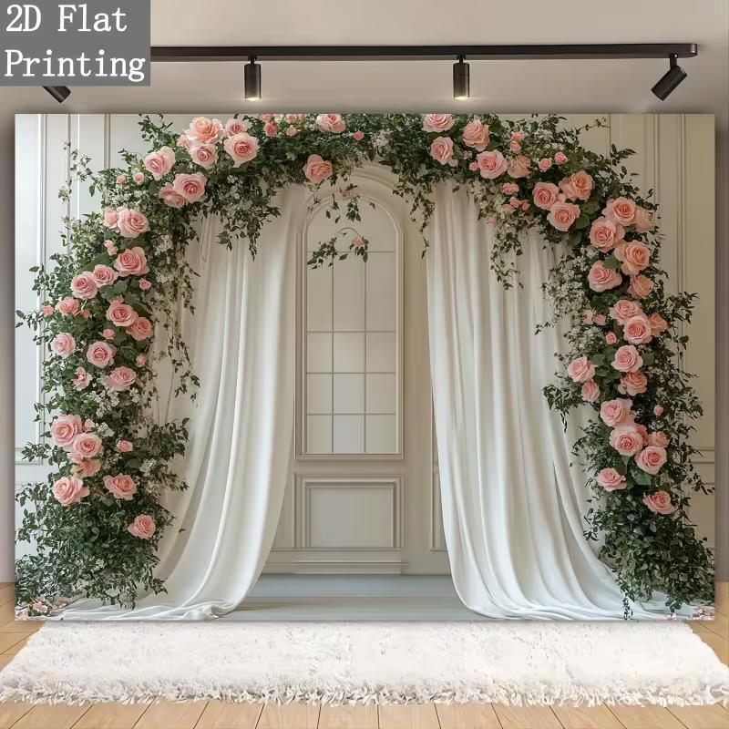 2D Elegant Pink Flower Curtain Backdrop for Birthday & Event Decoration