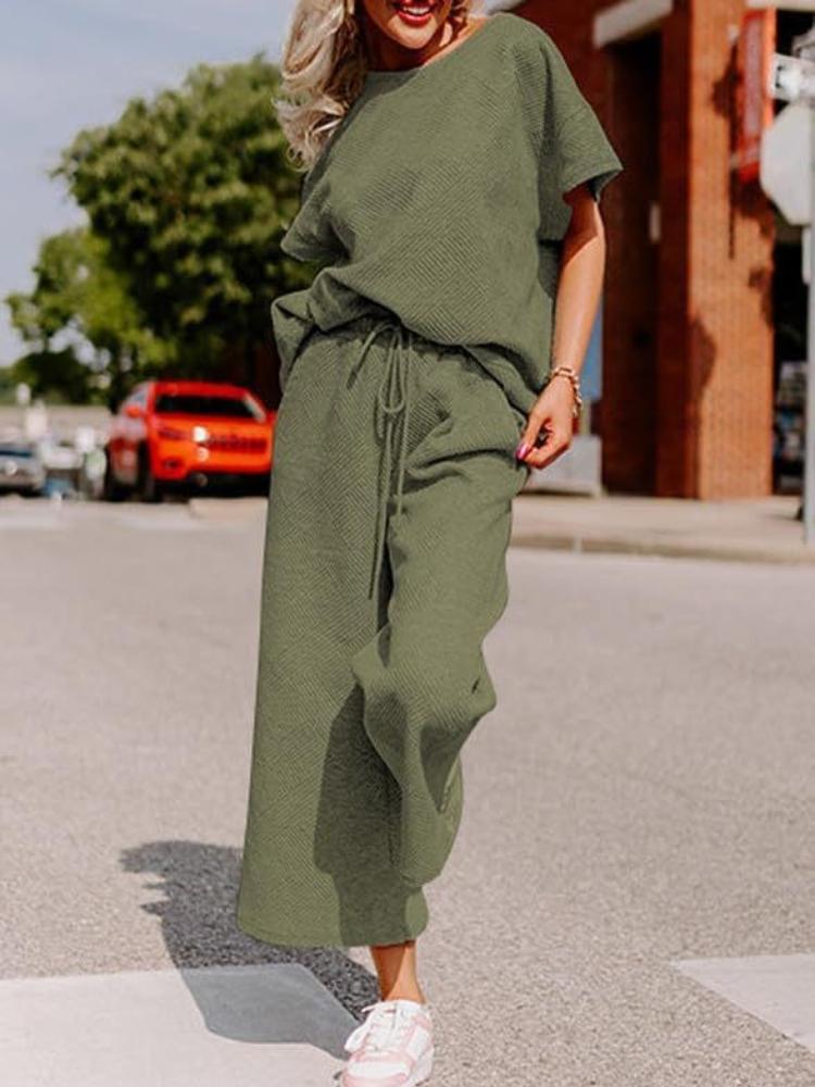 

Женский повседневный розовый топ с коротким рукавом свободного кроя и широкие брюки, домашний комплект с кулиской на талии 2XL армия зеленый