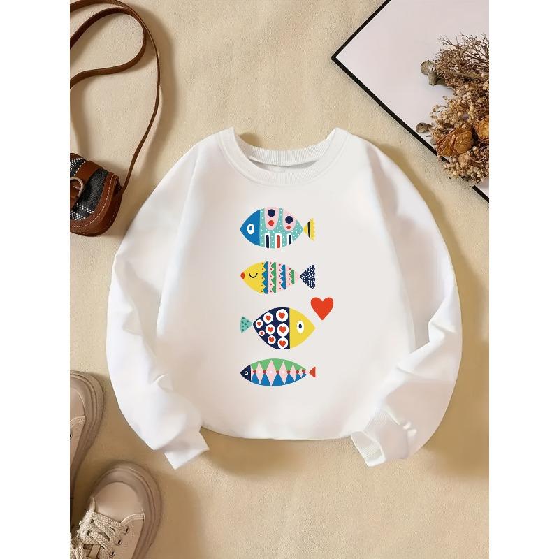 European sizes Casual, Fashionable, Sweet and Cute Long-sleeve Crewneck Sweatshirt for Kids, Featuring a Fun Color-blocked Cartoon Little Fish Pattern