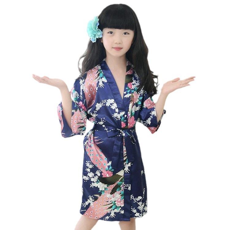 Girls' Silk Peacock Kimono Robe - Children's Nightgown Sleepwear Bathrobe