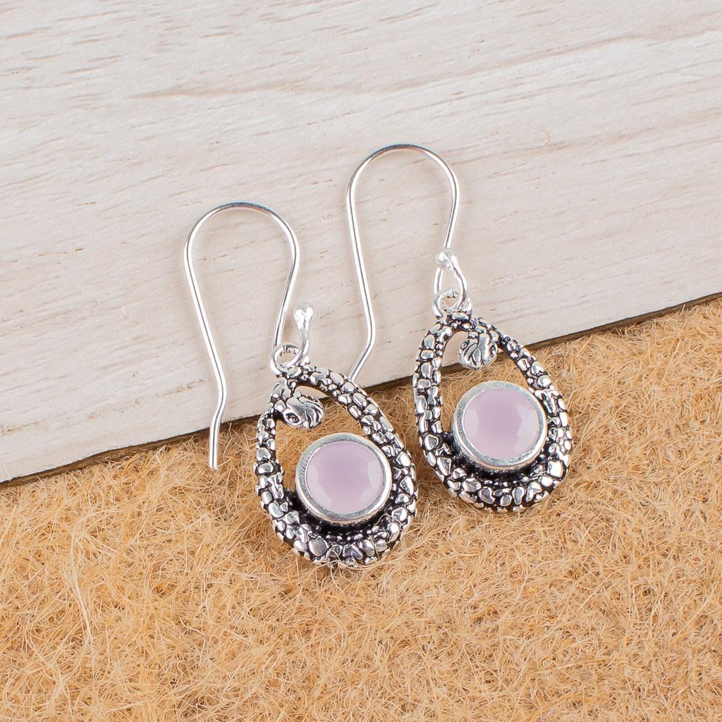Rose Chalcedony Gemstone 925 Sterling Silver Jewelry Stylish Earrings 1.38" Gift CE-3-13
