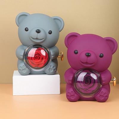 Preserved Rose Hug Bear Gift Box with Handbag Eternal Flower Rotating Bear Jewelry Holder for Women Valentine's Day Anniversary