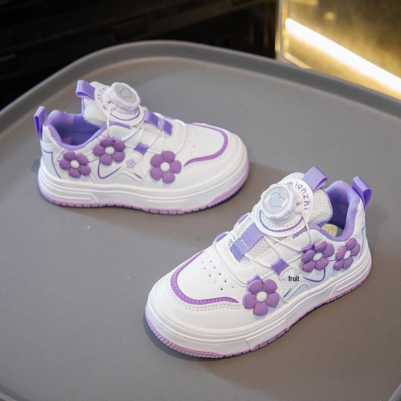 2026 Spring Floral Girls' Skate Shoes with Rotating Button - Fashionable White Sports Sneakers