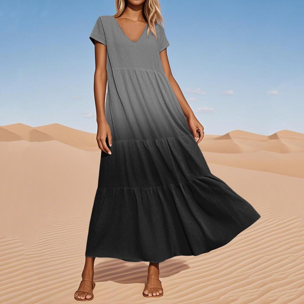 Women's Summer V-Neck Beach Long Short Sleeve Patchwork Gradient Dresses
