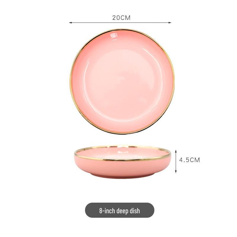 Ruhan Light Luxury Pink Gold Rim Ceramic 8-inch Deep Plate