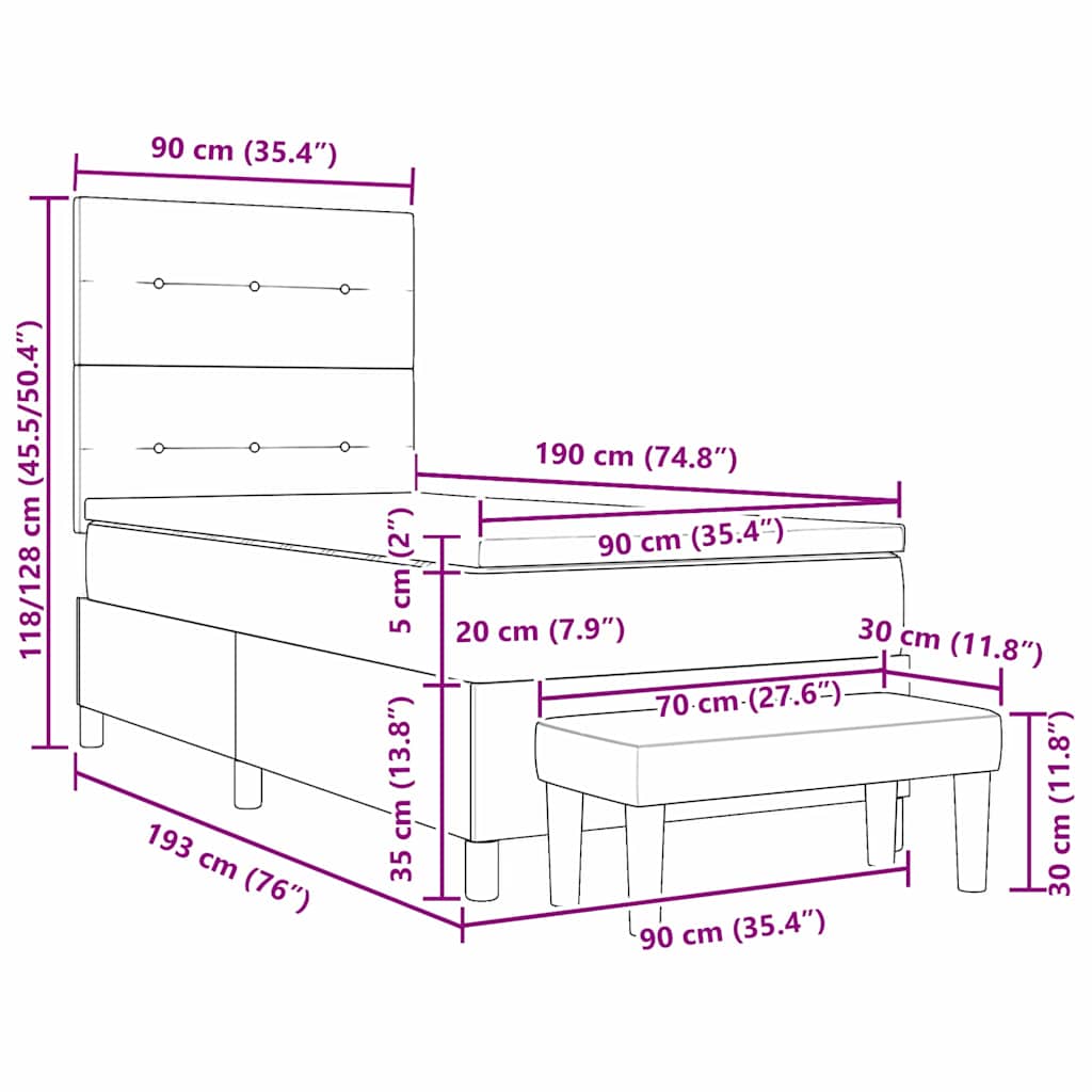 Box Spring Bed with Headboard Cream 190 X 90 Cm Fabric