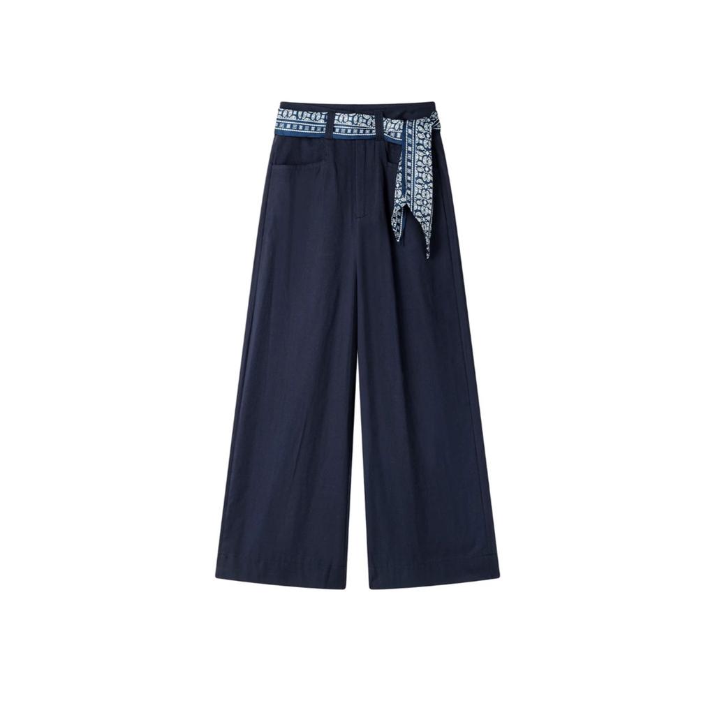 Women Ice-Silk Denim Culottes High Waist Drapey 3/4 Wide Leg Pants Summer Thin Loose Skirt Pants With Scarf Belt