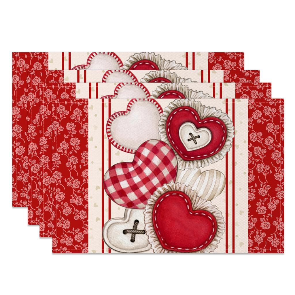 Heart Shape Placemats Romantic Love Pattern 4pc Linen Dining Mats Heat Resistant Valentine's Day Wedding Anniversary Party Decor