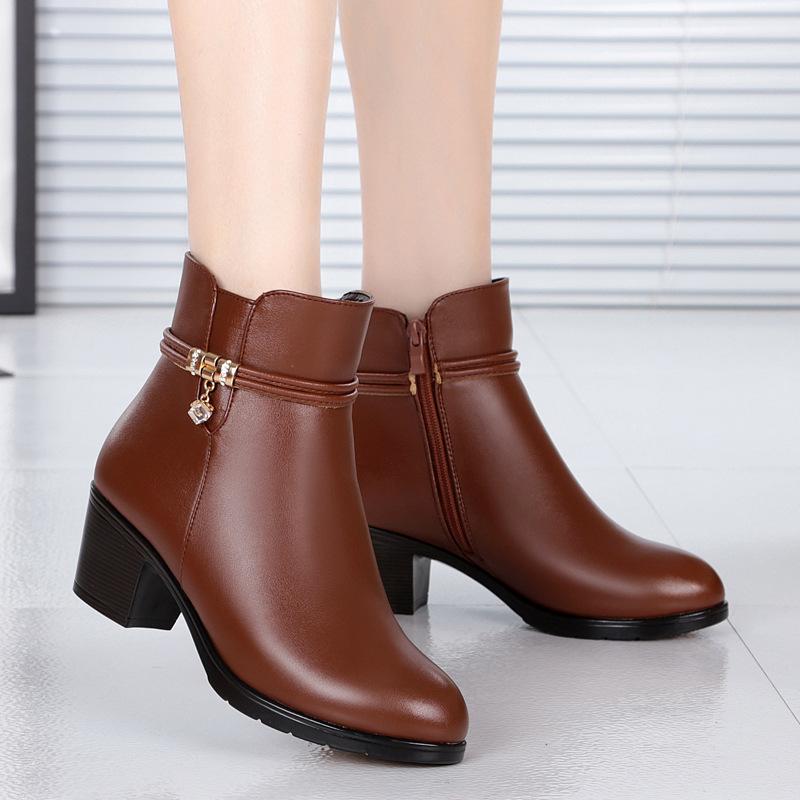 Women Genuine Leather Ankle Boots Women Wool Non-slip Snow Boots Woman Thick-heeled Boots Ladies High Heels Shoes Big Size35-43