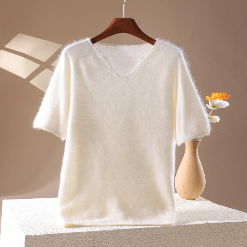2026 A/W Women's V-Neck Cashmere Wool Knit Short Sleeve Sweater