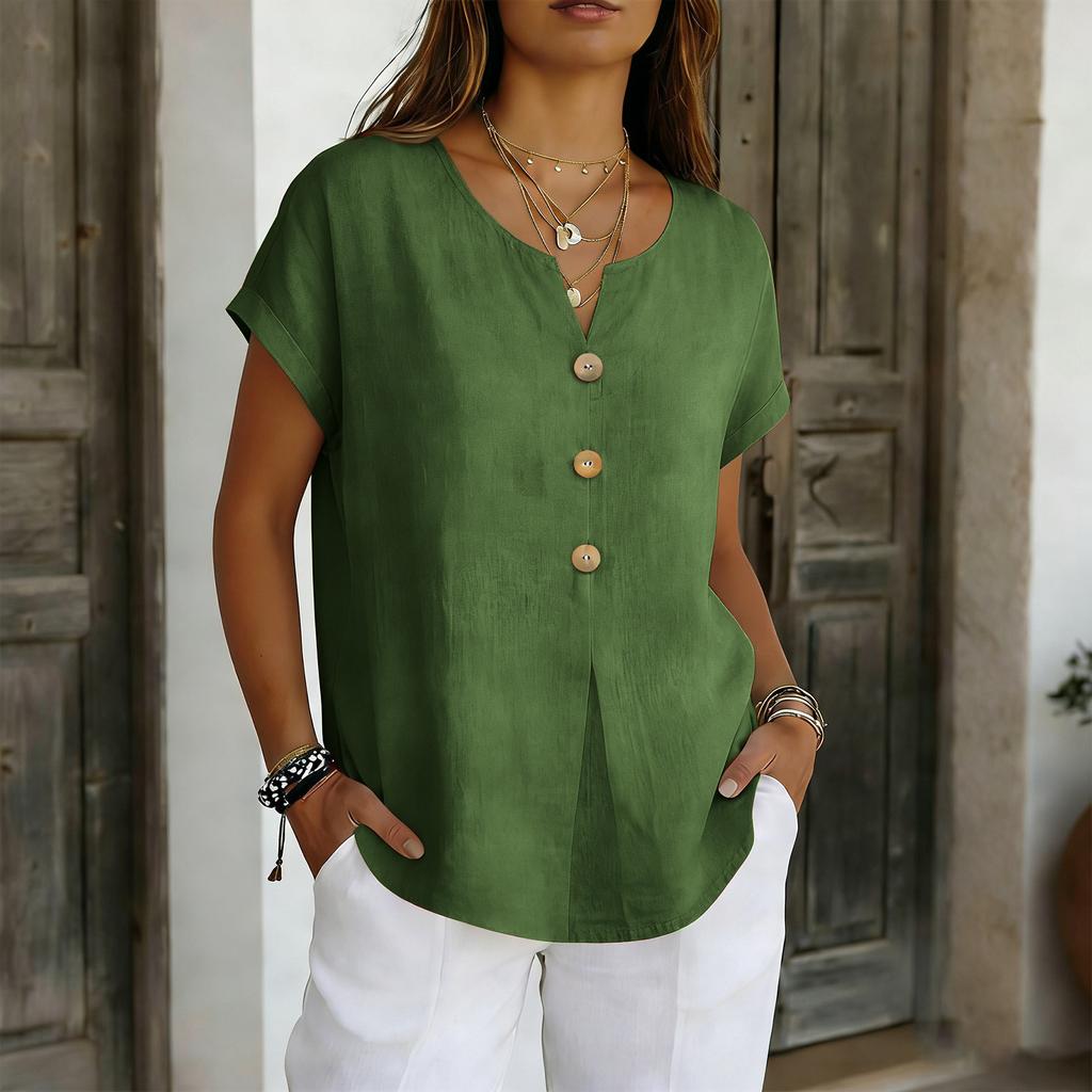 Summer Basic Blouses Women's Shirts Solid Color Casual Short-Sleeve Cotton Linen Fashion Plus Size V-Neck Loose Button Tops