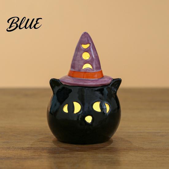 Cute Ghost Pumpkin Wizard Hat Decor Halloween Ceramic Tealight Holder Lighted Figurine with Ornament for Home Witch Hat Tiered Tray Tabletop