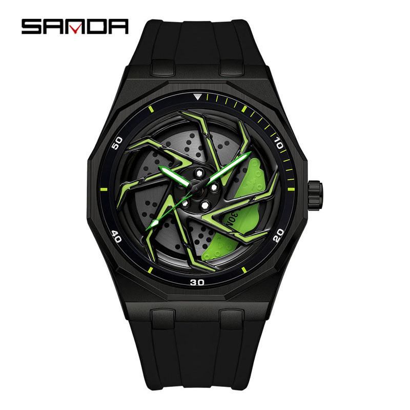 Sanda Men's Waterproof Alloy Car Wheel Design Silicone Wristwatch