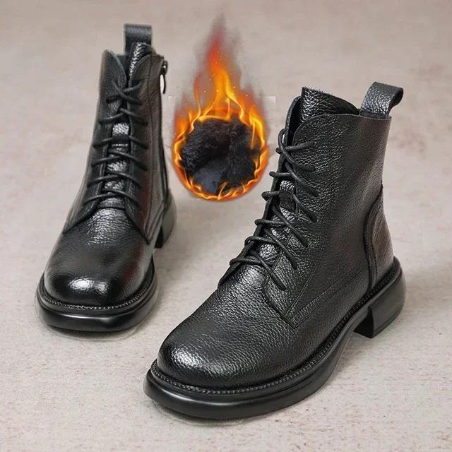 

2025 Женские ботильоны из коровьей кожи, туфли на платформе для женщин, зимние молодежные ботинки-рыцари, зимние ботинки на толстом каблуке с мягкой подошвой 40