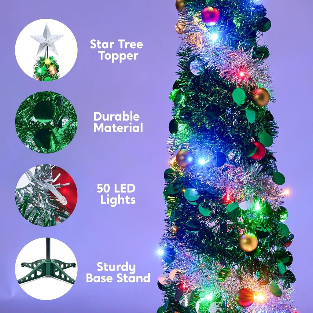 JOYFY 5 FT Pop Up Christmas Green Tree with Lights Collapsible Tinsel Christmas Tree Decorations for Home Holiday Party