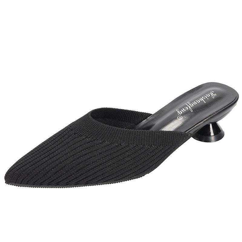 Тапочки на среднем каблуке с острым носком, женская летняя обувь, пикантные сандалии, вязаные эластичные сетчатые шлепанцы с открытой пяткой, дышащие шлепанцы, обувь на мелком каблуке 39 чёрный