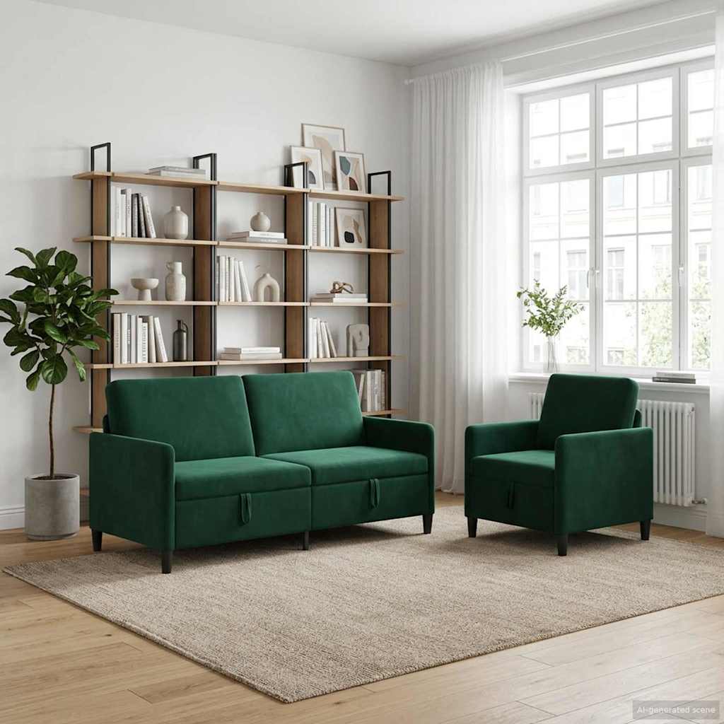 Sofa Set with Storage 2 pcs Dark Green Polyester