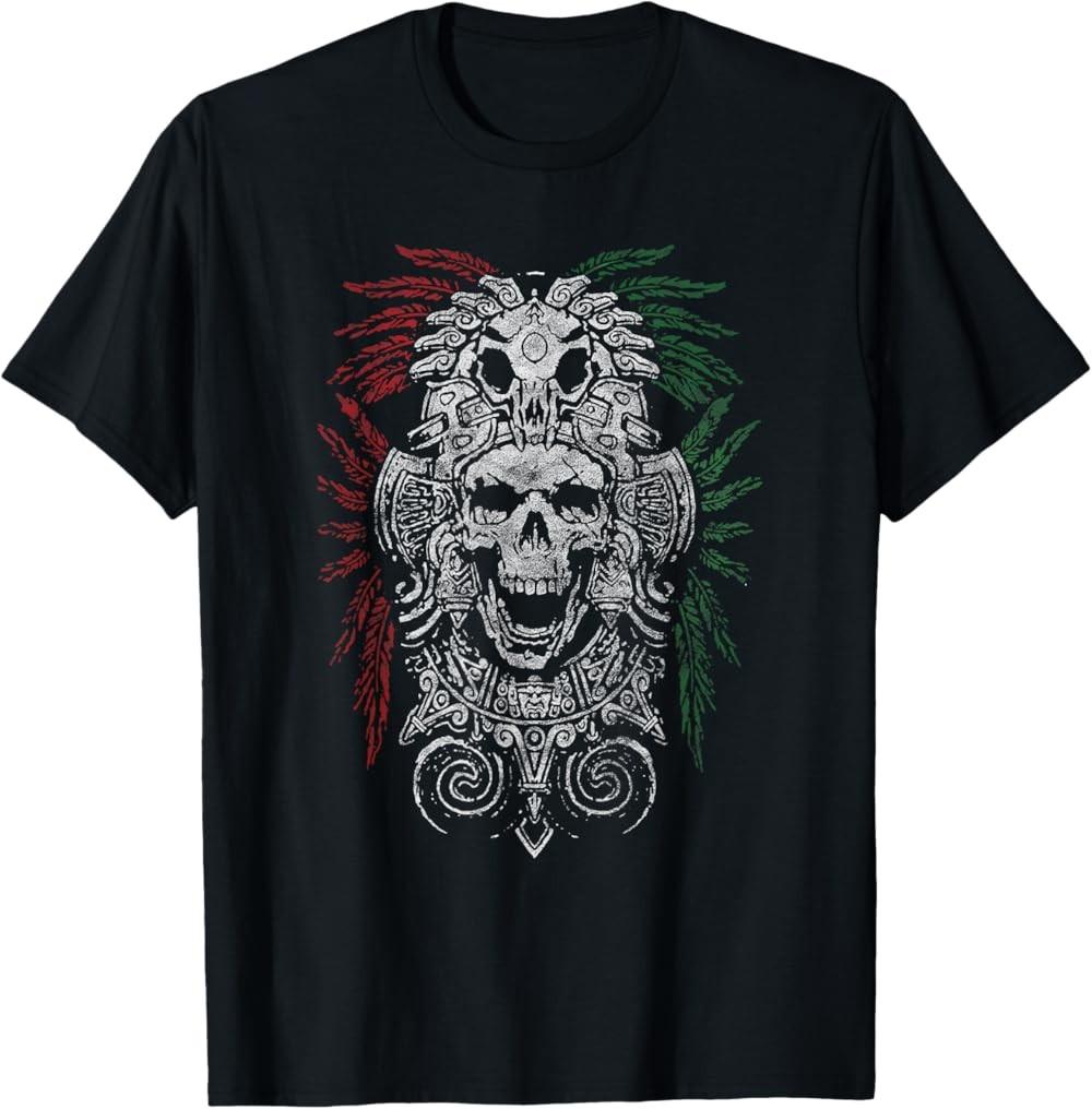 Ancient Aztec King Mexican Skull Mayas Mask Calavera Azteca T-Shirt S-5XL S