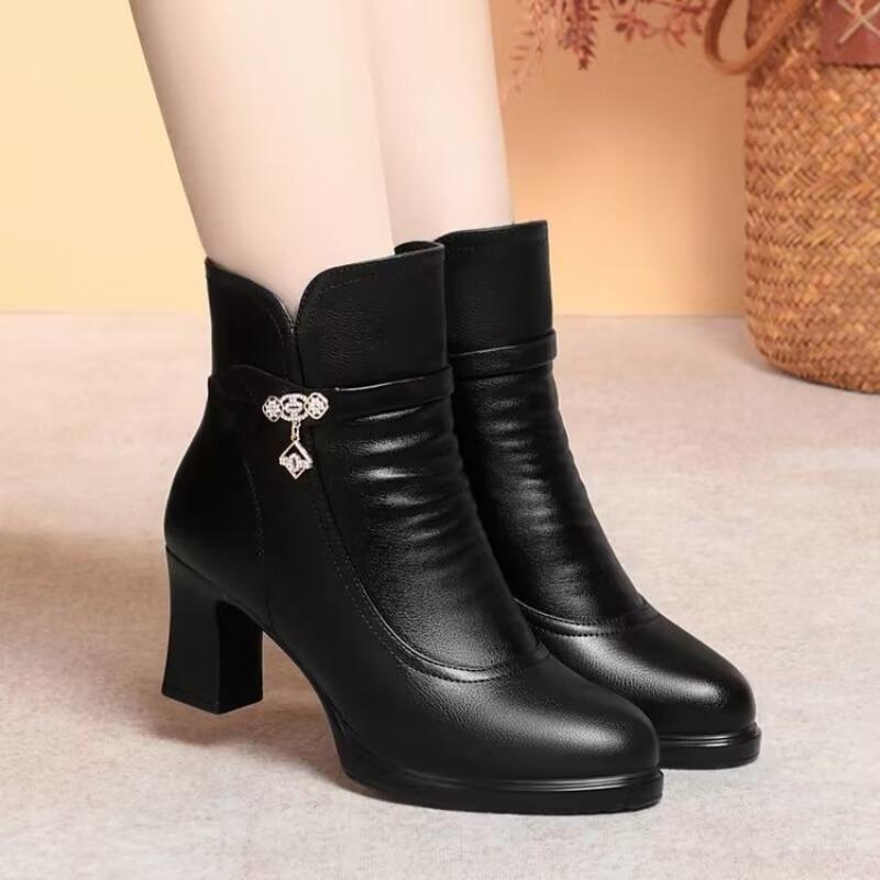 Fashionable High-heeled Ankle Boots, Warm Boots with Fleece Cotton Shoes, Women's Cotton Boots
