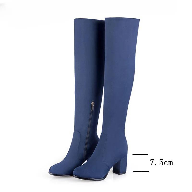 Fashion Faux Suede Boots Leopard Women Sexy Long Boots Over The Knee Thigh High Pointed Toe Chunky Heel Zipper Pull on 43