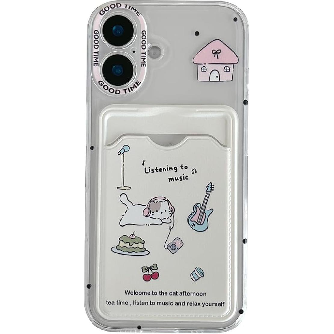 Cute Cartoon Cat Cherry House Wallet Card Clear Soft Phone Case Compatible with iPhone Case (Clear,for iPhone 16 Pro Max) iPhone 11