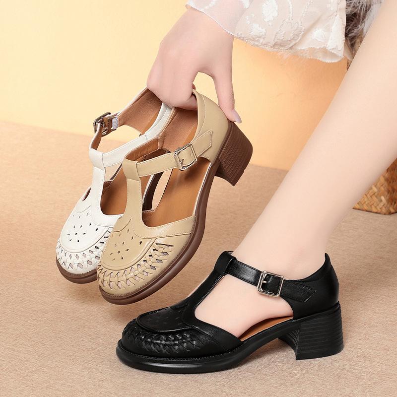 Sandales Élégantes à Bride en T à Bout Rond Découpées en Cuir Souple de 5 cm Été 2025 Sandales à Talons Blocs Moyens pour Bureau Maman