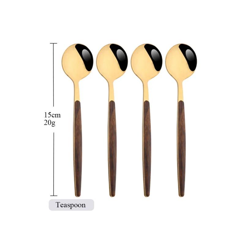 Brown Gold Stainless Steel Dinnerware Set with Imitation Wooden Handle - 4/16 Piece Cutlery Set including Knife, Spoon, Fork