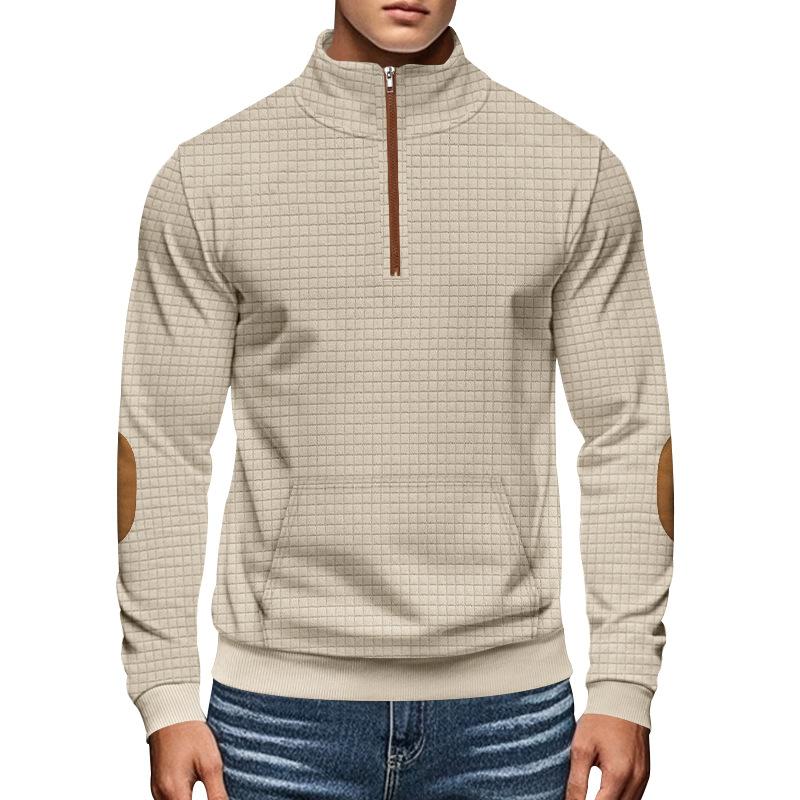 Fashionable Men's Casual Sweatshirt with Jacquard Small Check Embroidered Patchwork Stand Collar Loose-Fit Top
