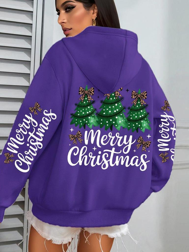 Merry Christmas Tree Bow Women's Hooded Pocket Sweatshirt - Casual Autumn Winter Pullover