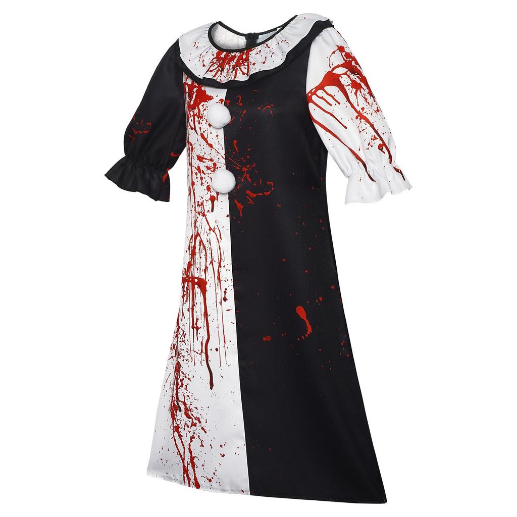Costume da Clown Bianco e Nero con Blocchi di Colore Metà e Metà e Stampa a Macchie di Sangue Tuta Vestito Costumi per Feste di Halloween