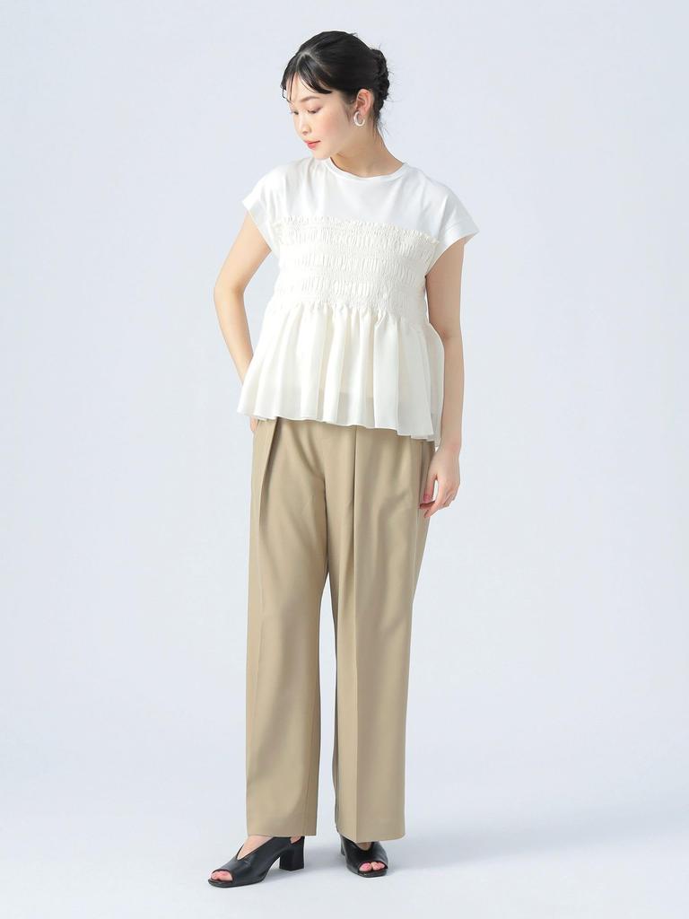 Beams Heart Mixed Material Shirred French Off One Size S/S Tee, Pullover, Women's, White,