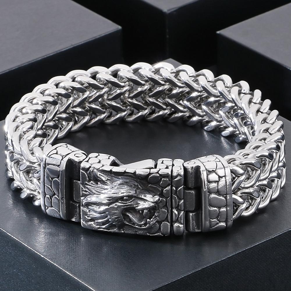 Cool Punk Chinese Loong Dragon Head Bracelet for Men 16MM Width Double Layer Square Franco Chain Bracelets Men's Male Jewellery