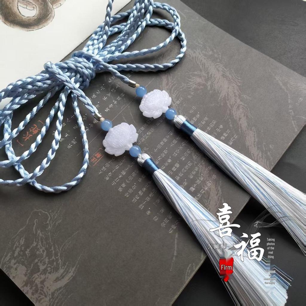 Ming Dynasty Daoist Robe Waist Rope with Jade Pendant Tassel - Unisex Hanfu Palace Ribbon Accessory
