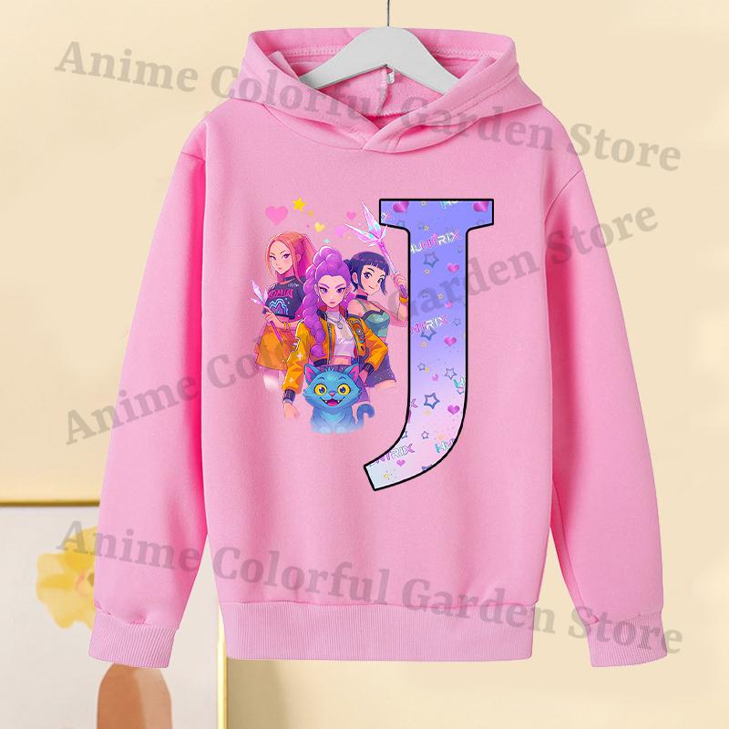 KPop Dämonenjäger Pinke Hoodies für Kinder Cartoon Buchstaben bedrucktes Kapuzensweatshirt Mädchen Herbstmode Hoodie Kinderkleidung