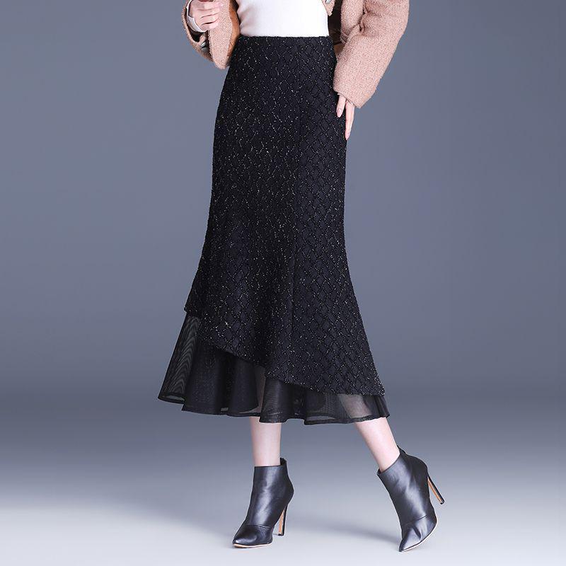 

Fleece-Lined High-Waisted Fishtail Midi Skirt - Women s Autumn/Winter Ruffle Style M, Waist 67CM, 90-100 Pounds