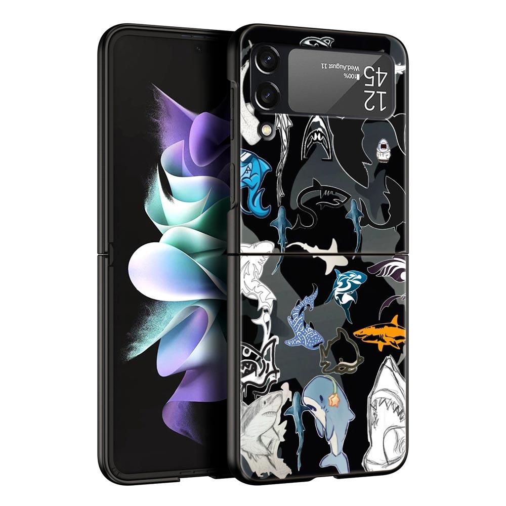 Seaside Sharks Pattern Hard PC Phone Case For Samsung Galaxy Z Flip 7 6 5 4 Black Cover For Galaxy Z Flip 3 Foldable Shell Capas