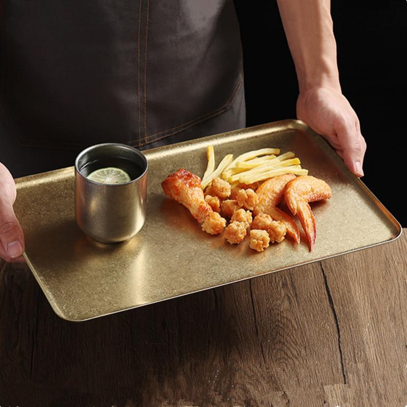 Vintage Stainless Steel Snowflake Silver Rectangle Tray Round Edge Dinner Plate Dessert Grill Tray Steak Plate Decorative Tray