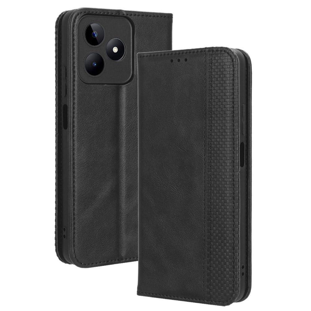 

For Realme C53 (Global)/C53 (India)/C51/Note 50 4G/Narzo N53 4G PU Leather Retro Phone Case Shockproof Stand Wallet Cover Black