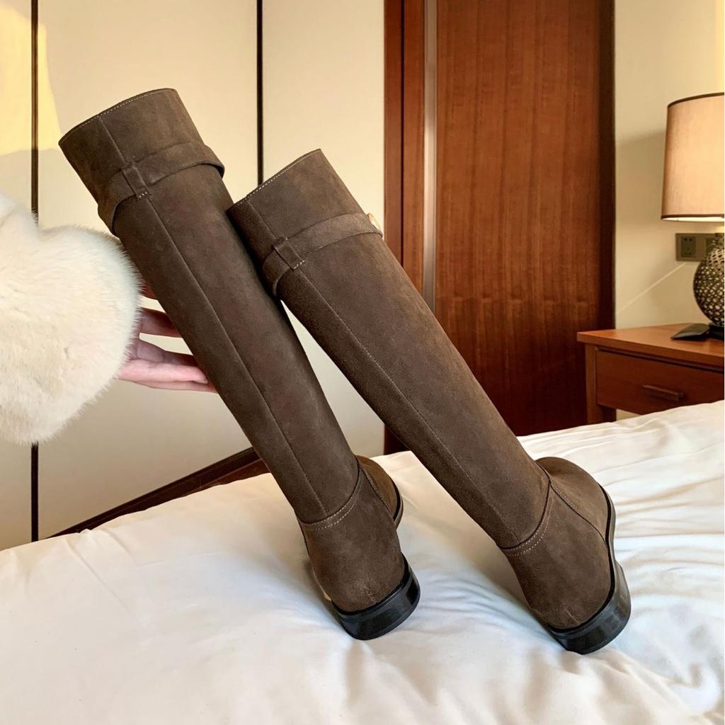 Spot Second Hair! Fashion Versatile New Round Head Retro Small Gold Coin Buckle with Leather Thick Heel Tall Knight Boots for Women