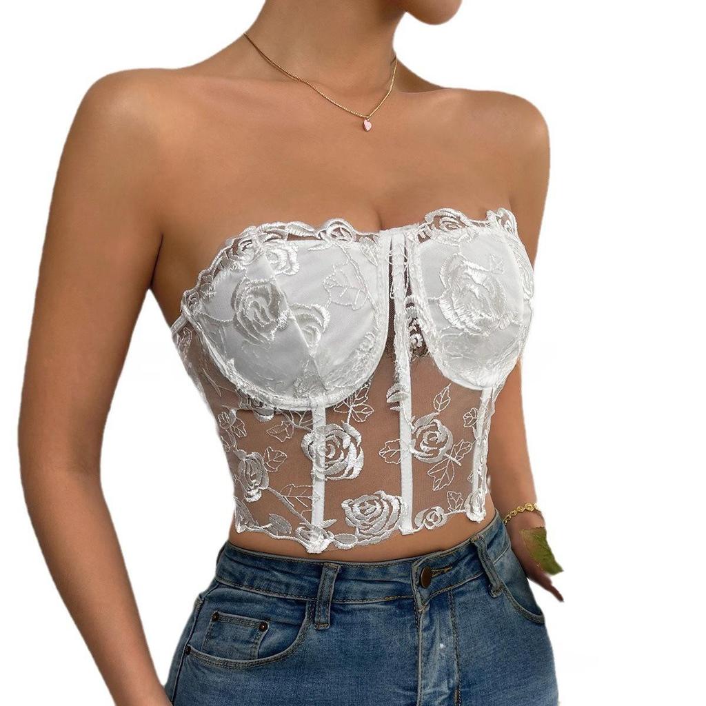 2023 European & American INS Style Lace Mesh Rose Tube Top Vest