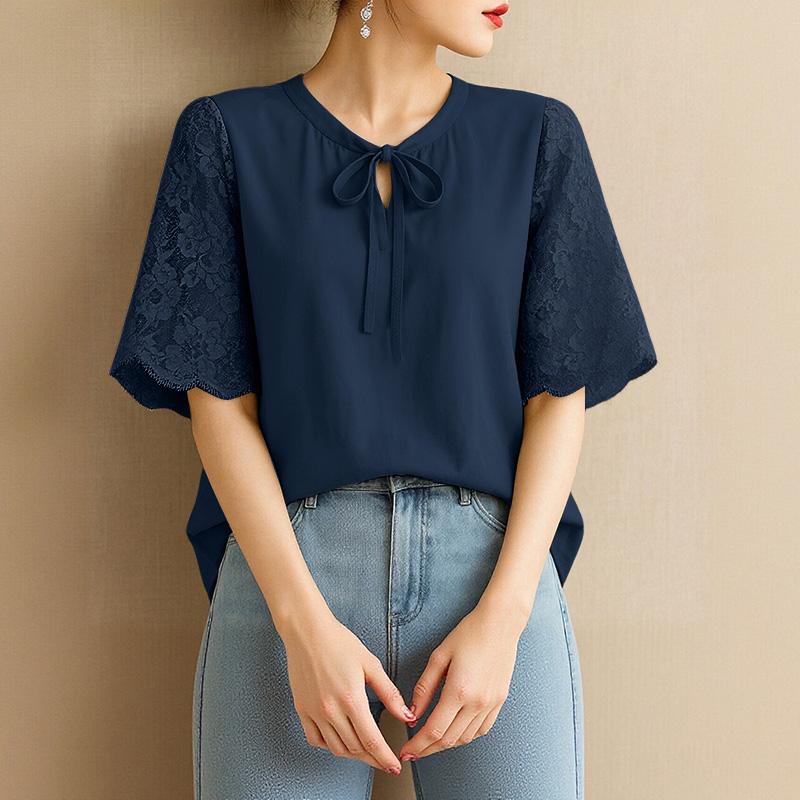 

ZANZEA Женская повседневная блузка с круглым вырезом, кружевной вставкой и короткими рукавами 5XL тёмно-синий
