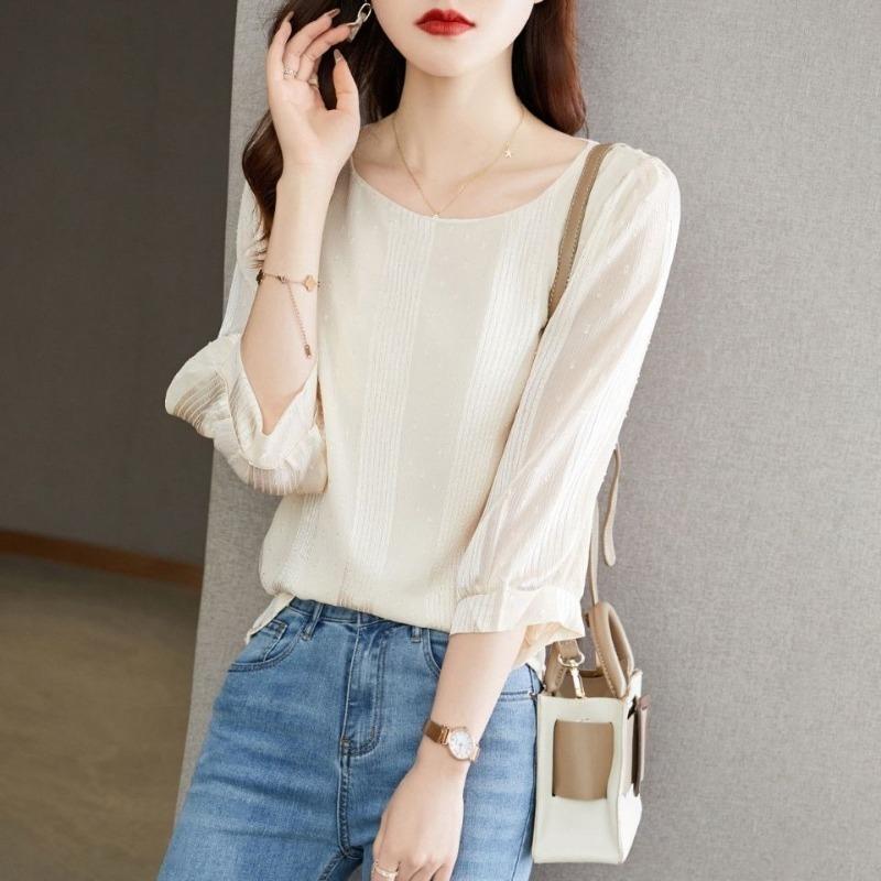 Round Neck Three Quarter Summer Women's Pullover Solid Color Paisley Sweet T-shirt Casual Loose Elegant Fashion All-match Tops