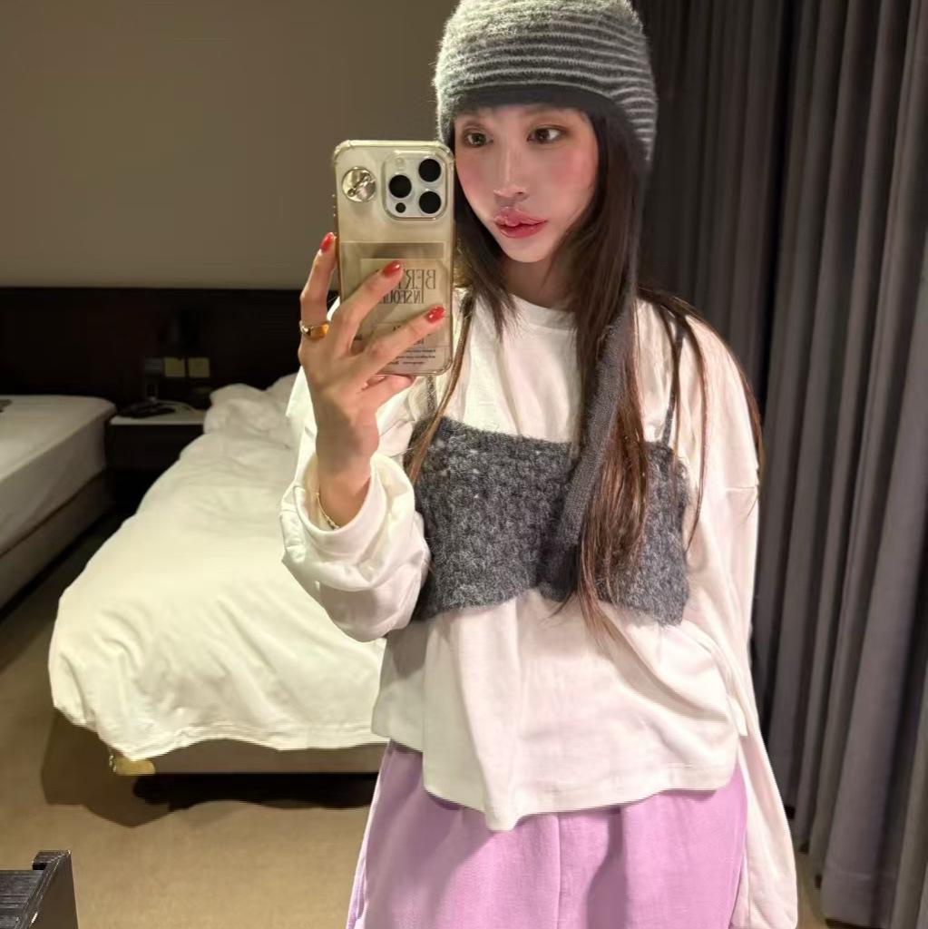 2026 Korean Style Spring T-shirt & Knit Camisole Two-Piece Women's Set