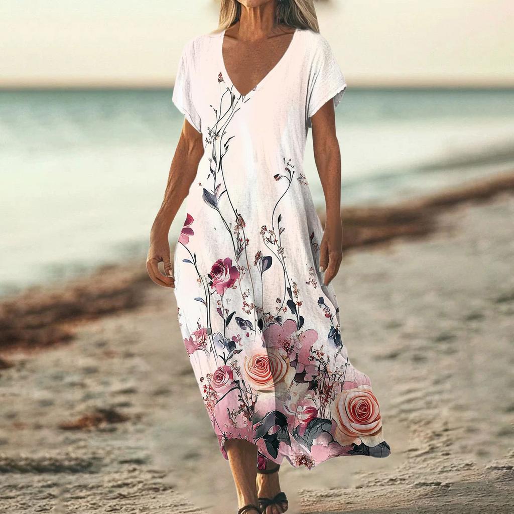 Fashion Women's Summer V-neck Short Sleeve Cotton And Linen Vintage Floral Print Beach Dress