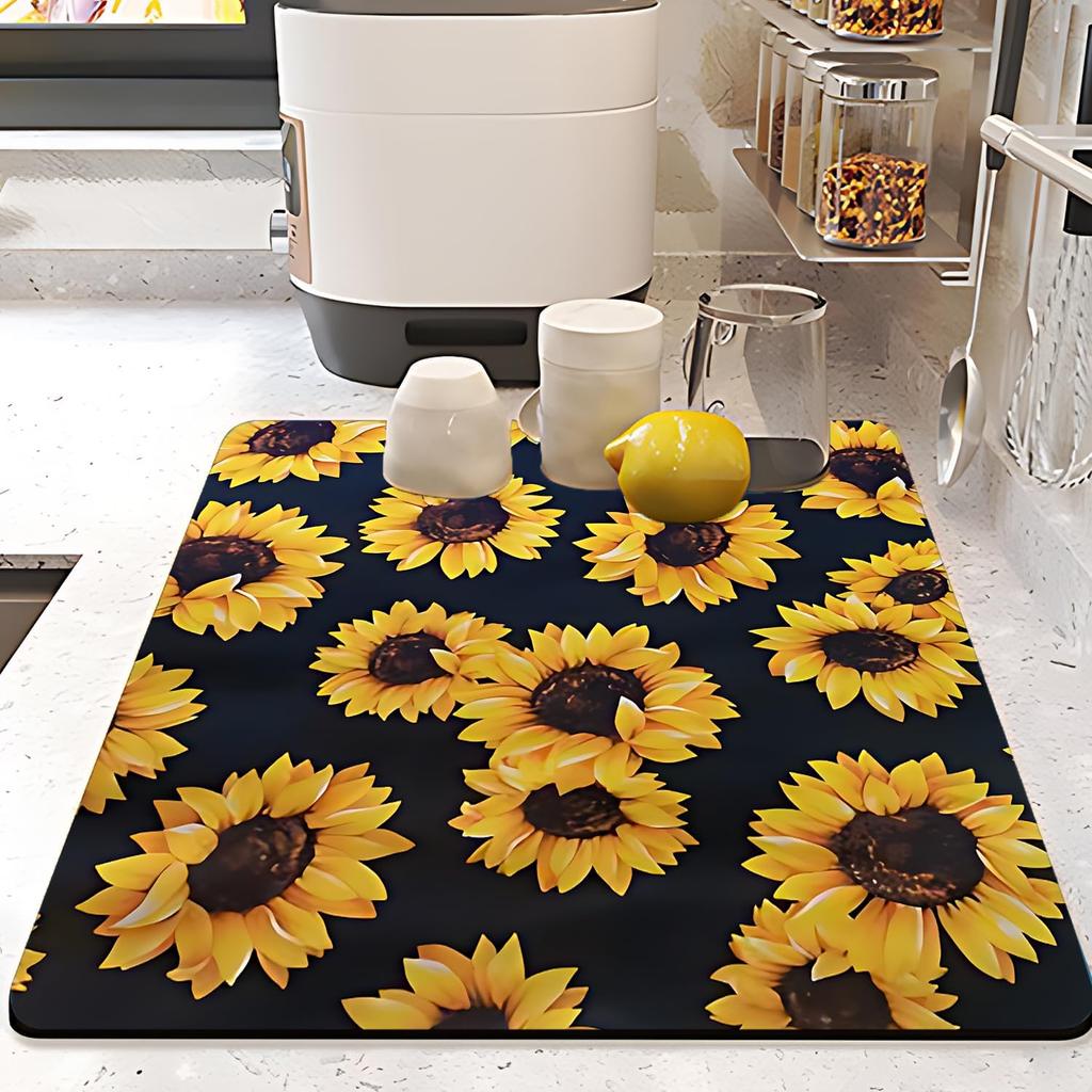 Dish Drying Mat Foldable Fall Kitchen Drying Mat Absorbent Sink Mat Multi-Purpose Coffee Pad Easy To Clean,Kitchen Gadgets,sunflower decor(sunflower)