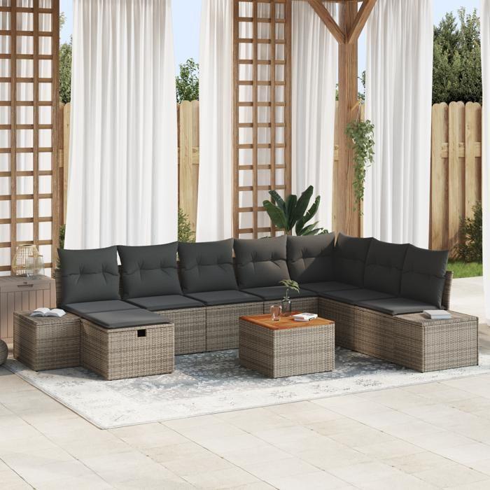 VidaXL Ensemble de canapé de jardin 9 pièces avec coussins Gris Poly Rattan 3359608