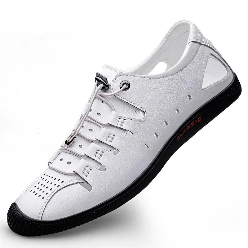 Summer New White Leather Hollow Out Sandals Breathable Comfort Men Beach Shoes Fashion Soft Sole Male Flat Casual Leather Loafer