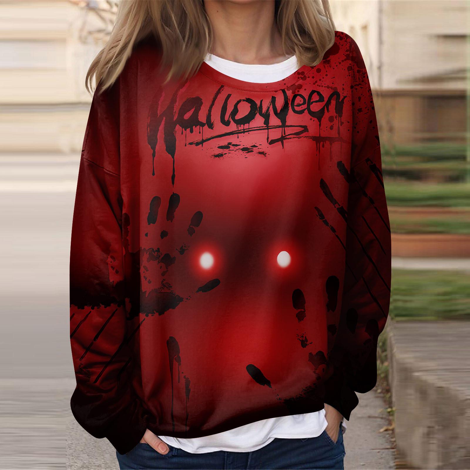 

Женская повседневная мода Хэллоуин принтованный длинный рукав O-образный вырез толстовка многослойный пуловер топ XL арбуз красный