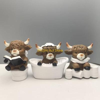 Set of 3 Resin High Land Cow Gnomes Statues for Living Room Bathroom Decoration D57B