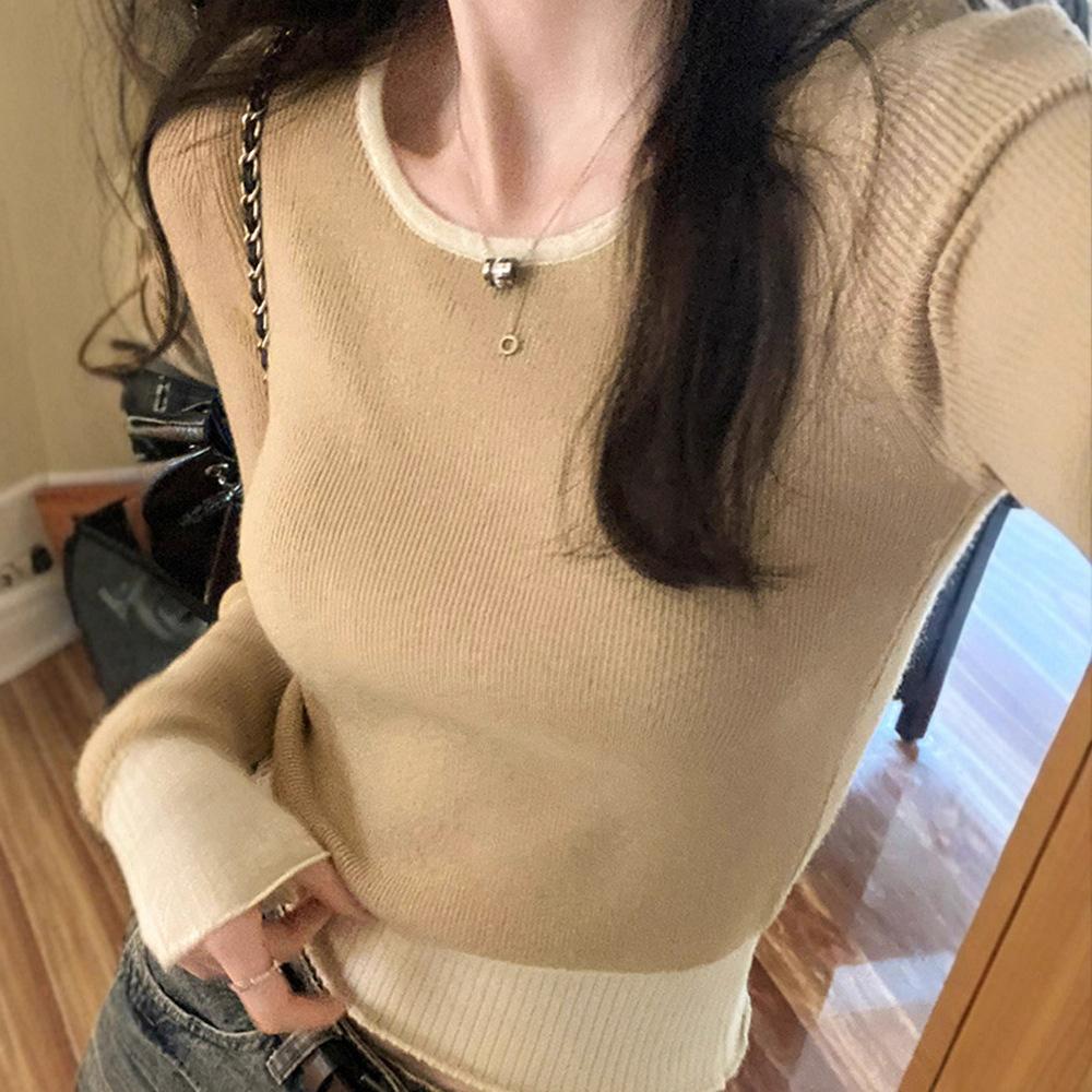 Casual chic slim-fitting contrasting shirt women's autumn new high-end sweater long-sleeved knitting